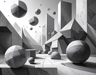 A stark, monochrome landscape with geometric stone shapes scattered and levitating. Sharp angles and shadows define the scene