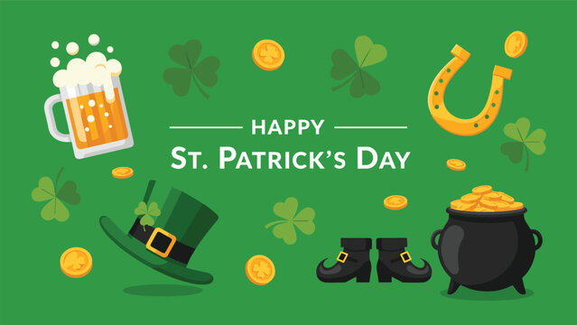 Festive st patricks day design featuring a mug of beer a leprechaun hat a pot of gold coins and green four leaf clover symbols.