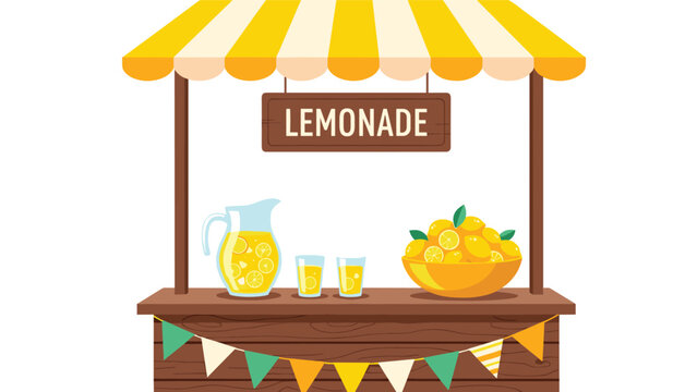 Charming lemonade stand illustration with a wooden counter a yellow striped awning and a pitcher full of fresh citrus drink.