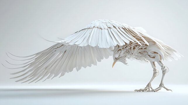 Side view of a hybrid creature showing integration of bird wing bones beneath skin 