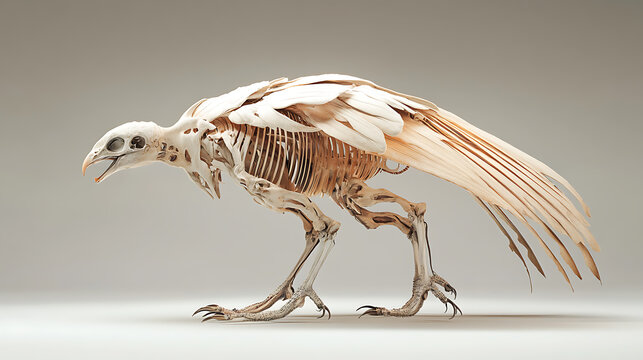 Side view of a hybrid creature showing integration of bird wing bones beneath skin 