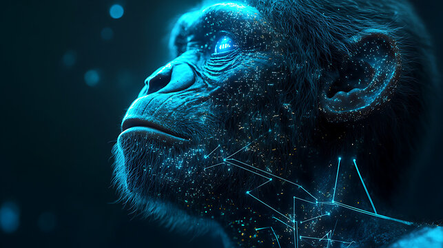 Realistic portrait of a gene-edited being with ape-like structure and glowing data veins 
