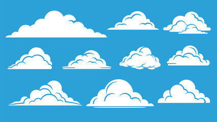 Collection of various white fluffy cloud shapes and formations on a solid blue background for sky illustrations and meteorological graphics.