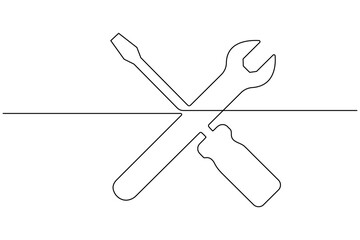 Fototapeta premium Wrench and screwdriver continuous one line art drawing on white background