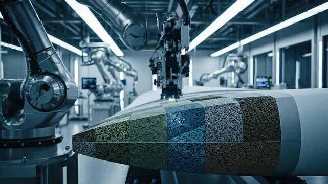 Robotic arms Work on Composite Material, Showcasing Advanced Automation in an Industrial Setting.
