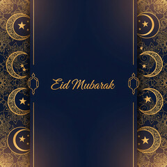 Luxury Navy Blue and Gold Eid Mubarak Greeting Card with Ornate Crescent Moons and Mandalas