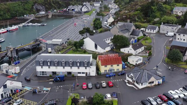 Drone shot of Tarbert on the Isle of Harris, part of the Outer Hebrides.
