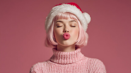 Young woman with pink hair and Santa hat pouting for a sweet festive kiss against a vibrant pink background
