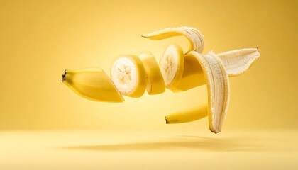 Levitating sliced banana with partially peeled skin, on a sunny yellow background