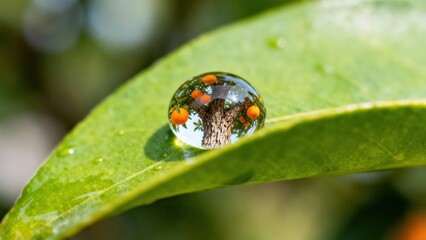 Clear water droplet resting on a glossy green leaf refracts an inverted image of a citrus tree bearing orange fruit.