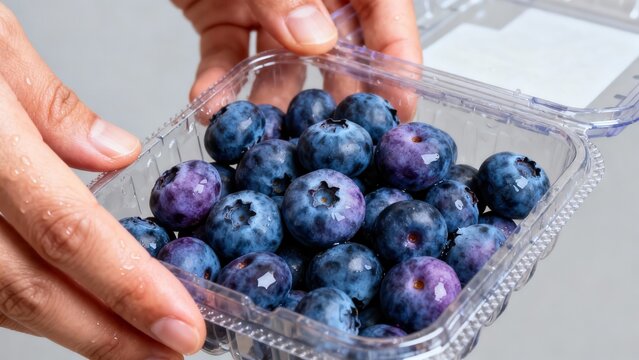 Juicy washed blueberries displaying blue and purple hues contained in a transparent plastic clamshell package held by two hands.
