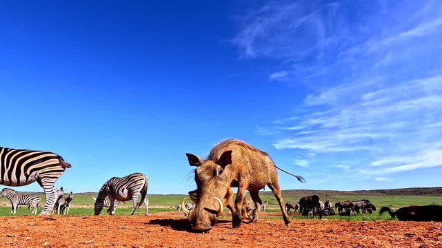 Low angle pregnant warthog slowly approaching to investigate the camera