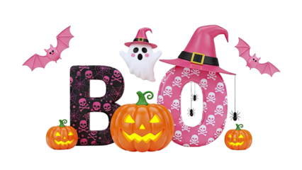 Halloween "Boo" with Pumpkins, Ghost, Bats, and Spiders