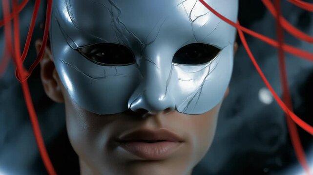 Mysterious masked figure with cracked ceramic mask and red threads