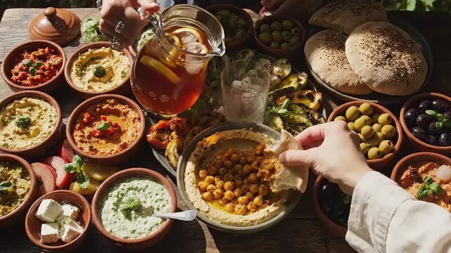 Assortment of Middle Eastern Dishes and Flatbread.