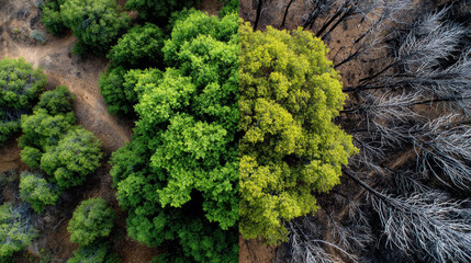 Lush forest green tree dry tree aerial climate change nature contrast environment drought wildfire