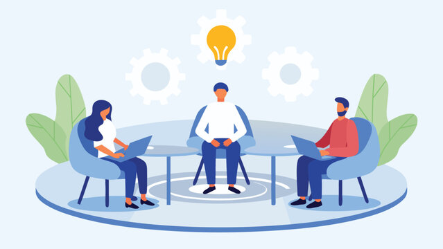 Three people sitting around a table with laptops lightbulb and gears above teamwork concept illustration