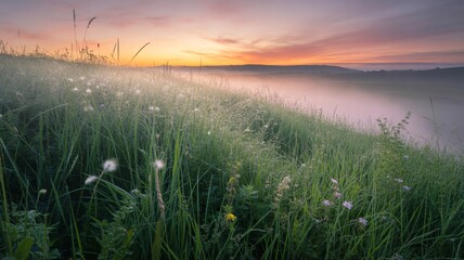 Obraz premium Serene landscape with lush green grass and vibrant wildflowers at sunrise