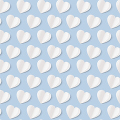 A seamless pattern of white heart paper isolated on a blue background. Symbol of love. For designing Mother's Day or Valentine's Day greeting cards. Vector illustration.