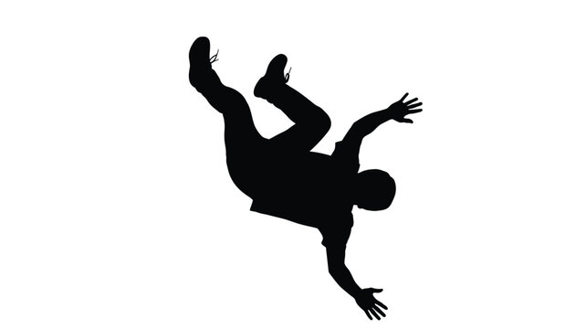 A person falling backwards in a dynamic pose depicted as a silhouette