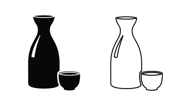 Minimalist depiction of sake bottles and cups in black and white silhouette
