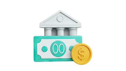 Bank building with dollar bill and coin