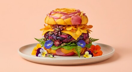 Artistic Burger Made of Colorful Flowers and Petals - Vegan Concept