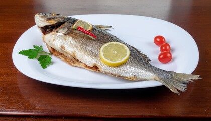A whole cooked fish on a white plate with a lemon slice, parsley sprig, and red berries is presented on a brown surface