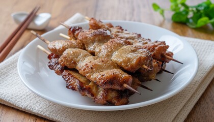 A white plate holds a portion of food with visible browning and some red elements next to a spoon and some green plants