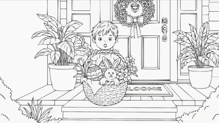 Children's coloring book - Boy holding an Easter basket with bunny on porch in spring  