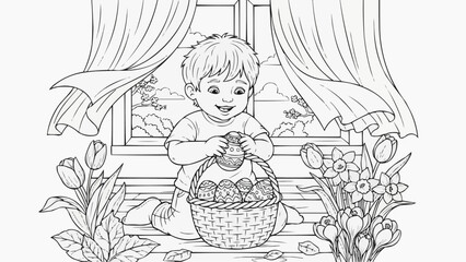 Children's coloring book - child placing decorated Easter eggs into a basket