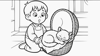 Children's coloring book - A child opens an Easter basket and finds a cat