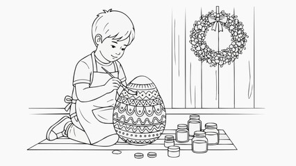 Children's coloring book - Young boy coloring an Easter egg while sitting indoors at home  