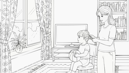 Children's coloring book - Mother styling hair of young child in cozy living room setting  