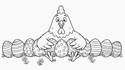 Children's coloring book - Chicken sitting among decorated Easter eggs in spring garden  
