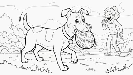 Children's coloring book - Playful dog carrying colorful Easter egg in sunny park  