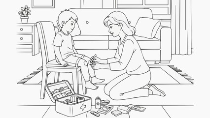 Children's coloring book - A mother puts a Band-Aid over her son's bruised knees, using a first-aid kit in the living room