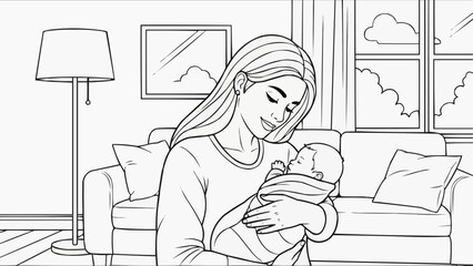 Children's coloring book - Young woman holding newborn baby in cozy living room interior  