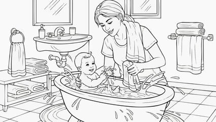 Children's coloring book - Mother bathing baby in tub, enjoying time together in bathroom  