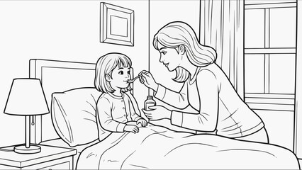 Children's coloring book - Mother giving medicine to girl sitting in bed at home  
