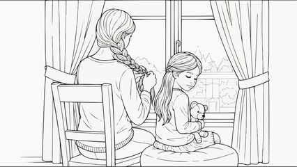 Children's coloring book - A woman braids her hair, and her daughter sits next to her, holding a teddy bear by the window