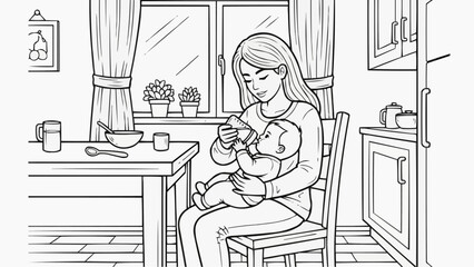 Children's coloring book - Young mother feeding baby while sitting in kitchen at home  