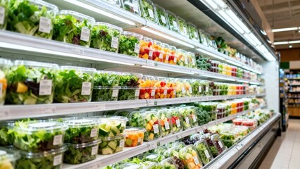 Refrigerated display case stocked with rows of clear plastic containers holding prepackaged mixed green salads and prepared fruit sections inside a supermarket.