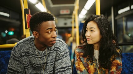 Two young adults travel on a bus in the city. They sit close and share smiles while engaging in conversation as the bus moves through the streets at night.