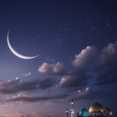 Serene Ramadan Night &ndash; Crescent Moon, Glowing Lanterns & Sacred Islamic Ambience