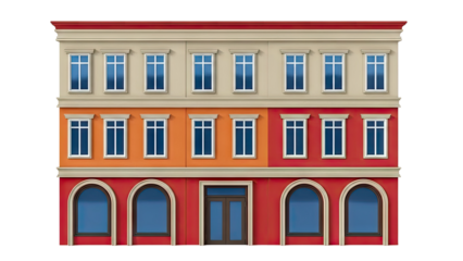 Colorful Multi-Story Building Facade with Arched Windows