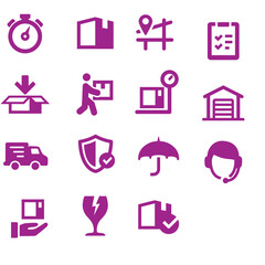 Collection of purple icons representing various logistics and delivery concepts on a clean white background