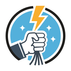 Electrician Logo Design Featuring Hand Gripping Electrical Wires and Lightning Bolt Symbol - Professional Branding for Energy and Power Repair