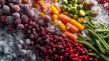 Colorful assortment of fruits and vegetables are displayed on a table with ice. Concept of freshness and abundance, as the various fruits and vegetables are arranged in a visually appealing manner