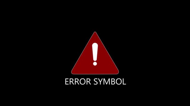 Red triangle error symbol with exclamation mark and text. 4k animation video  on black color background .